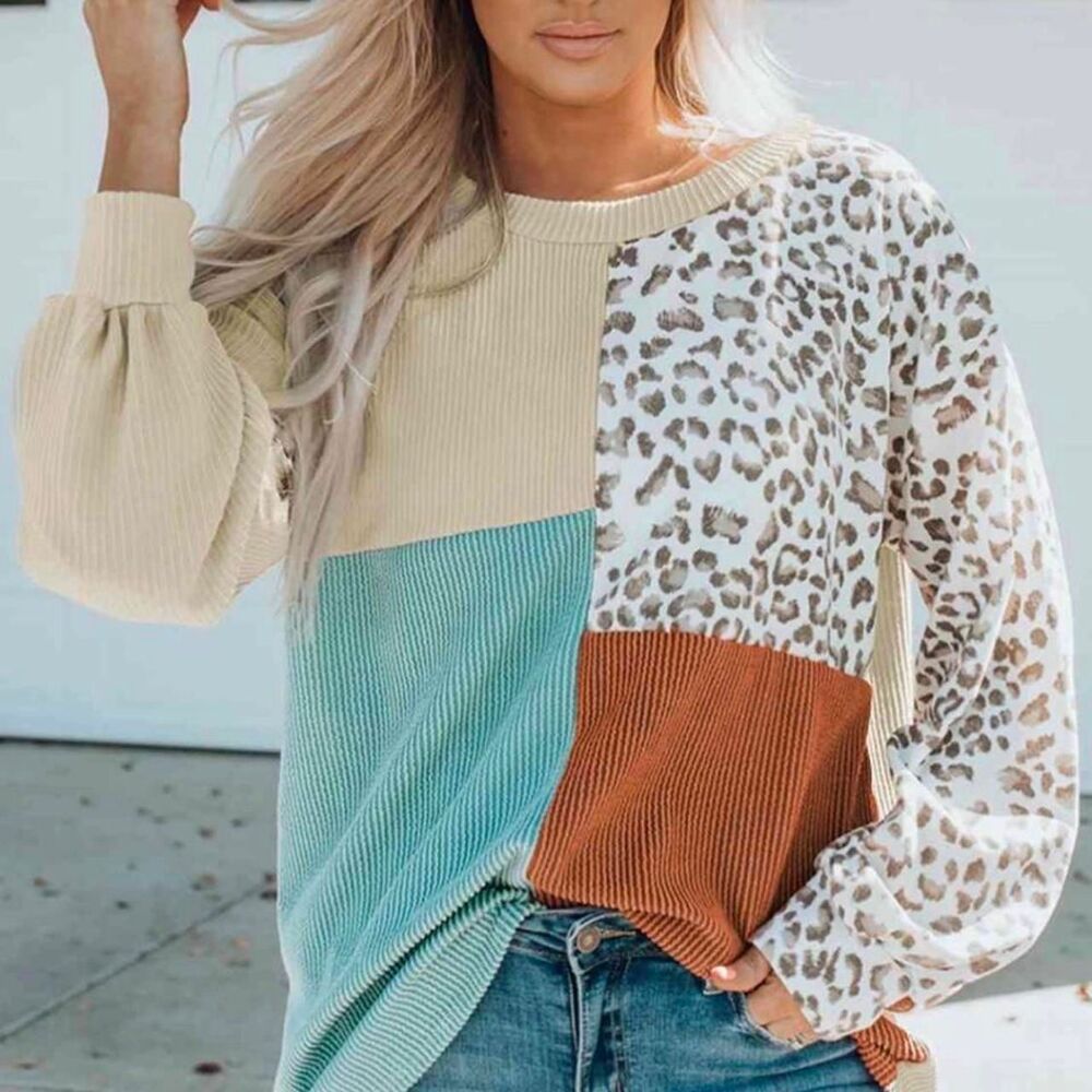 Colorblock coastal Women's XL waffle knit tunic patchwork Blouse long sleeve